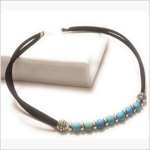 Blue Turquoise Gemstone Black Micro Suede Ankle Bracelet Gift Boxed
